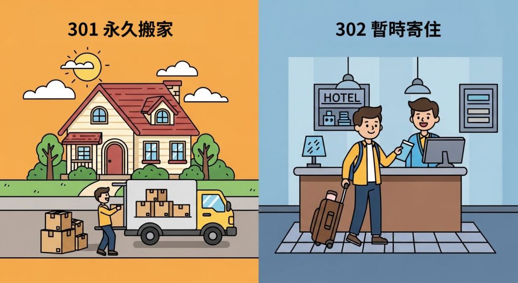 301 與 302 轉址差異比較圖：左側搬家卡車代表 301 永久性轉址，右側飯店住宿代表 302 暫時性轉址