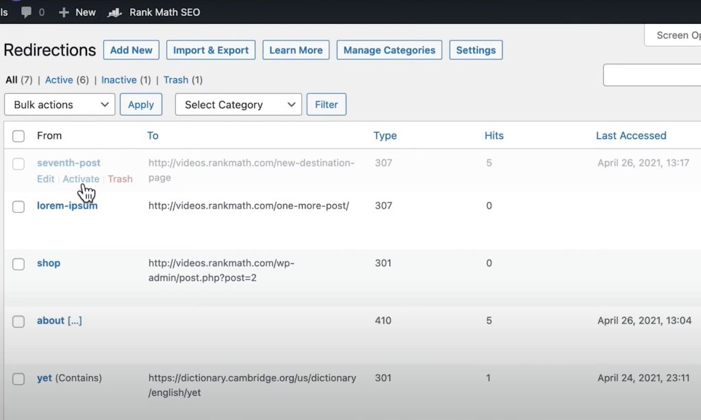 WordPress 301 轉址設定教學：使用 Redirection 或 Rank Math SEO 外掛進行網址重定向的後台操作介面