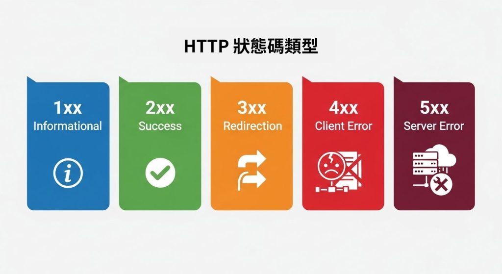 HTTP 狀態碼的 5 個類別：1xx, 2xx, 3xx, 4xx, 5xx