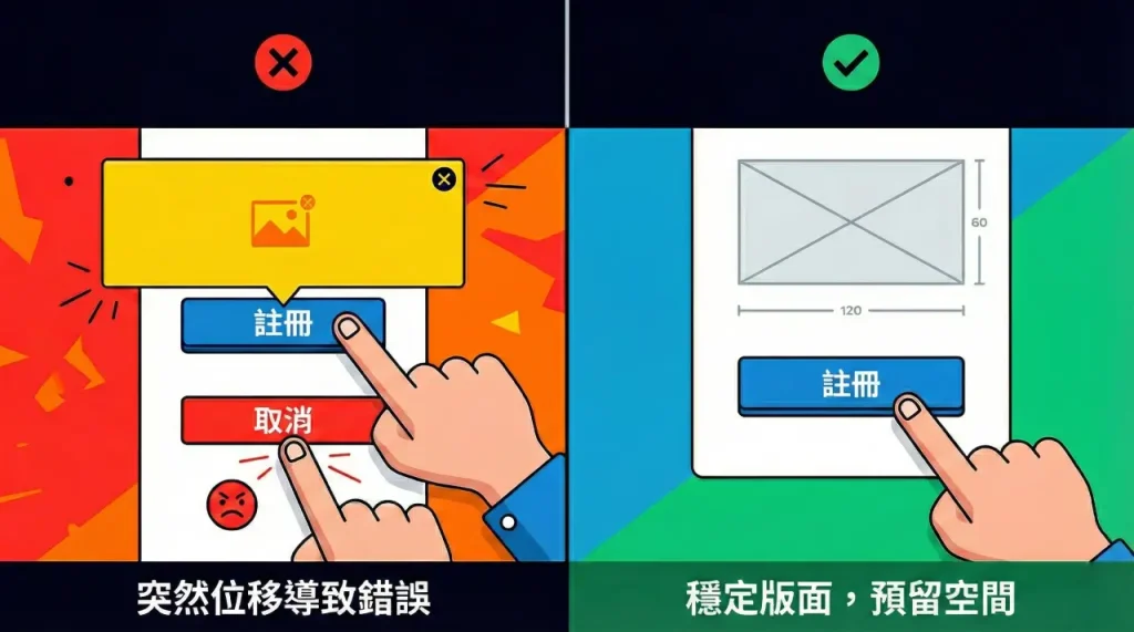 CLS 累積版面配置偏移示意圖：廣告載入導致誤觸按鈕