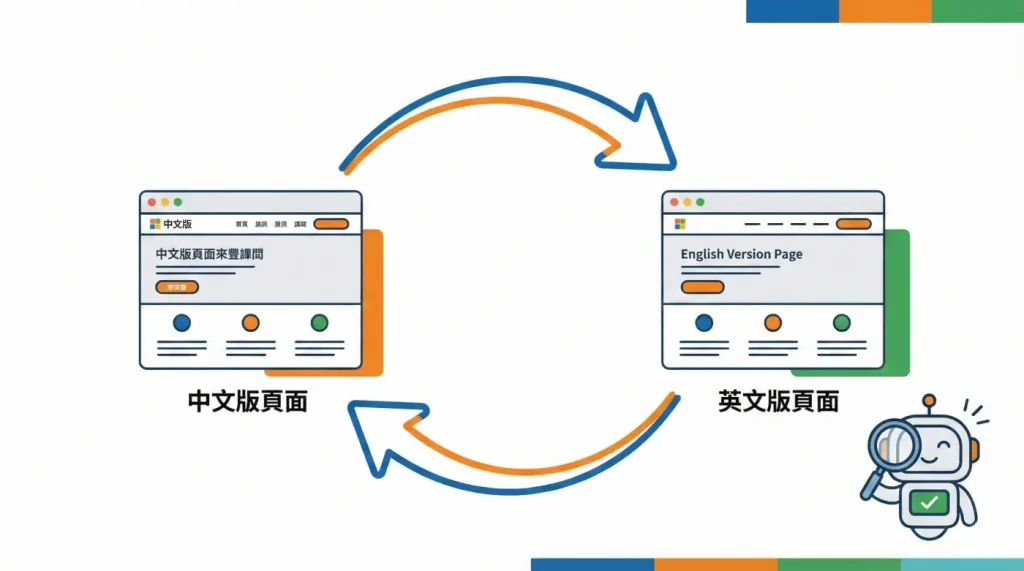 hreflang 的對等性原則圖解，網頁之間必須互相連結引用