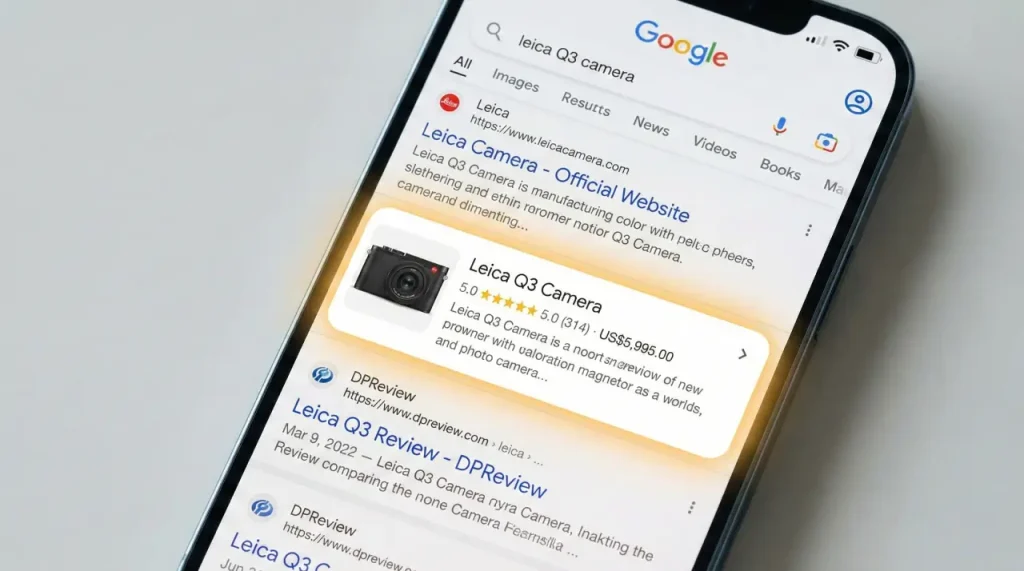 Google 複合式搜尋結果範例：顯示星級評分與產品圖片